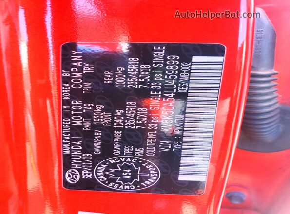 KM8K5CA54LU459899 2020 HYUNDAI KONA Orange Widok naklejki z numerem VIN
