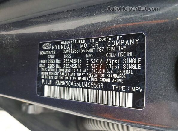 KM8K5CA55LU495553 2020 HYUNDAI KONA Charcoal Սալոնի 360 աստիճան տեսք