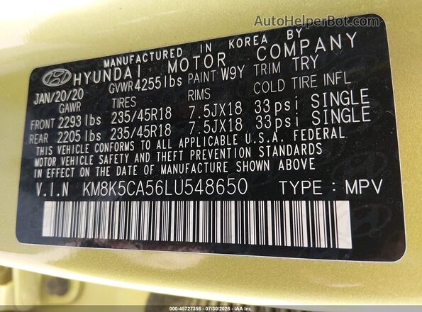 KM8K5CA56LU548650 2020 HYUNDAI KONA Green Շարժիչի բաժամունքի տեսք