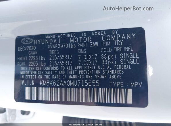 KM8K62AA0MU715655 2021 HYUNDAI KONA White Շարժիչի բաժամունքի տեսք