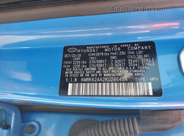 KM8K62AA2KU246484 2019 HYUNDAI KONA Blue VIN sticker view