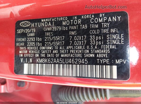 KM8K62AA5LU462945 2020 HYUNDAI KONA Orange Widok komory silnika