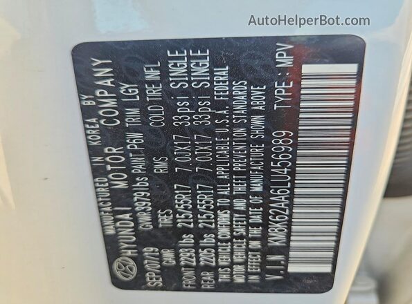 KM8K62AA6LU456989 2020 HYUNDAI KONA White Widok naklejki z numerem VIN