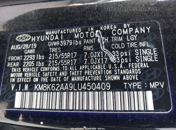 KM8K62AA9LU450409 2020 HYUNDAI KONA Черный Вид подкапотного пространства