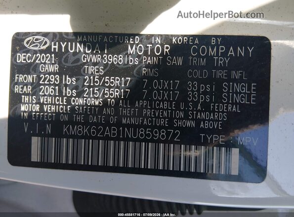 KM8K62AB1NU859872 2022 HYUNDAI KONA Белый Вид подкапотного пространства