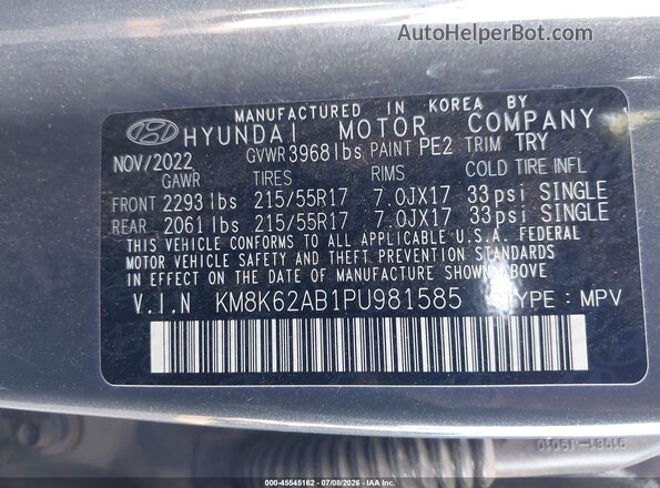 KM8K62AB1PU981585 2023 HYUNDAI KONA Gray Շարժիչի բաժամունքի տեսք