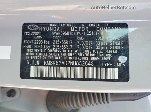 KM8K62AB2NU832843 2022 HYUNDAI KONA Gray VIN sticker view