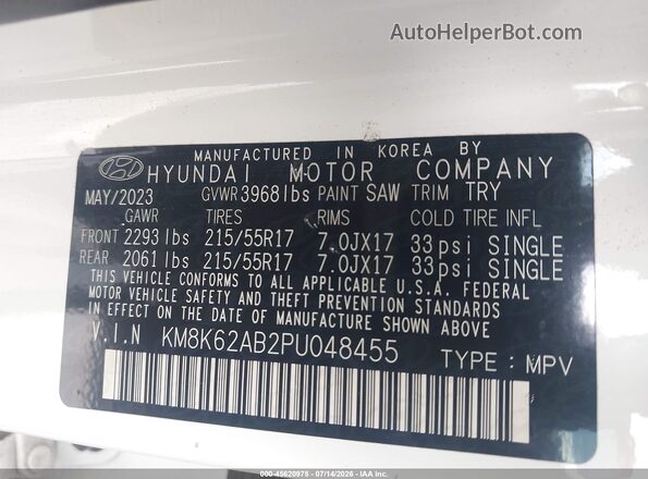 KM8K62AB2PU048455 2023 HYUNDAI KONA White Vista del compartimento del motor