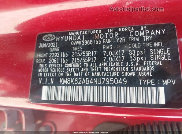 KM8K62AB4NU795049 2022 HYUNDAI KONA Red Вид підкапотного простору