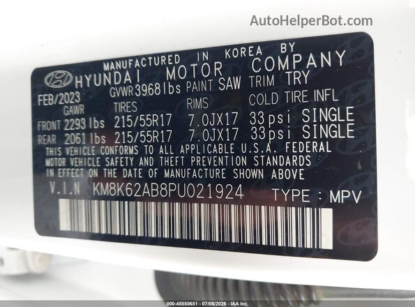 KM8K62AB8PU021924 2023 HYUNDAI KONA White Vista del compartimento del motor