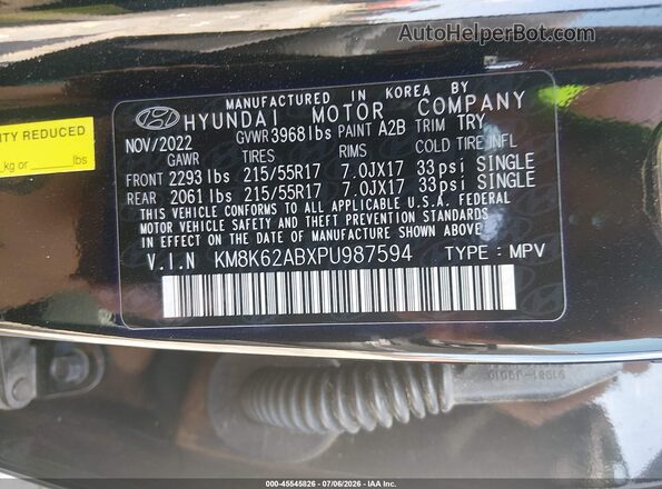 KM8K62ABXPU987594 2023 HYUNDAI KONA Black Vista del compartimento del motor