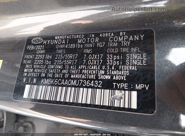 KM8K6CAA0MU736432 2021 HYUNDAI KONA Gray Շարժիչի բաժամունքի տեսք