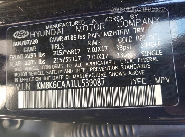 KM8K6CAA1LU539087 2020 HYUNDAI KONA Black Widok komory silnika