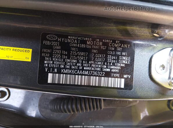 KM8K6CAA4MU736322 2021 HYUNDAI KONA Gray Vista del compartimento del motor