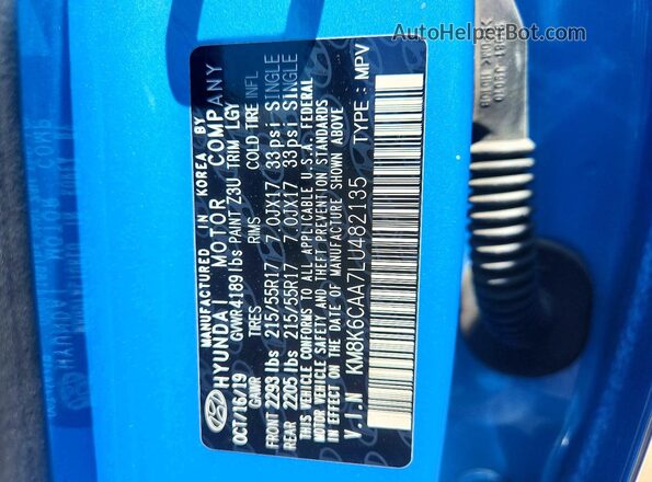 KM8K6CAA7LU482135 2020 HYUNDAI KONA Blue Вид наклейки з VIN-кодом