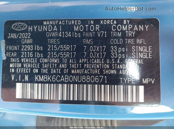 KM8K6CAB0NU880671 2022 HYUNDAI KONA Синий Вид подкапотного пространства