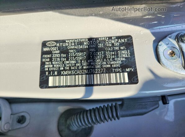 KM8K6CAB2NU762377 2022 HYUNDAI KONA Gray VIN կոդի պիտակի տեսք