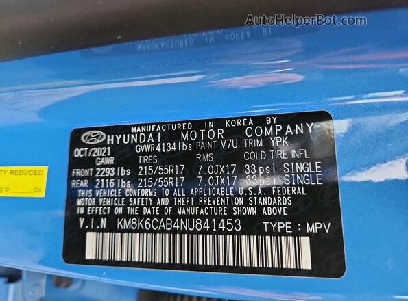 KM8K6CAB4NU841453 2022 HYUNDAI KONA Blue Vista de la etiqueta del VIN
