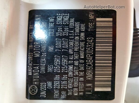 KM8K6CAB4PU053243 2023 HYUNDAI KONA White VIN კოდის სტიკერის ხედი