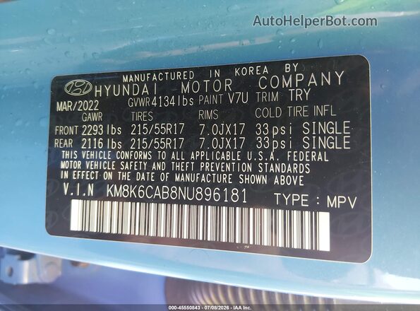 KM8K6CAB8NU896181 2022 HYUNDAI KONA Blue Vista del compartimento del motor