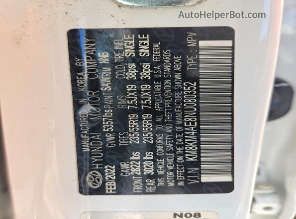 KM8KM4AE8NU080352 2022 HYUNDAI IONIQ White Vista interior de 360 grados