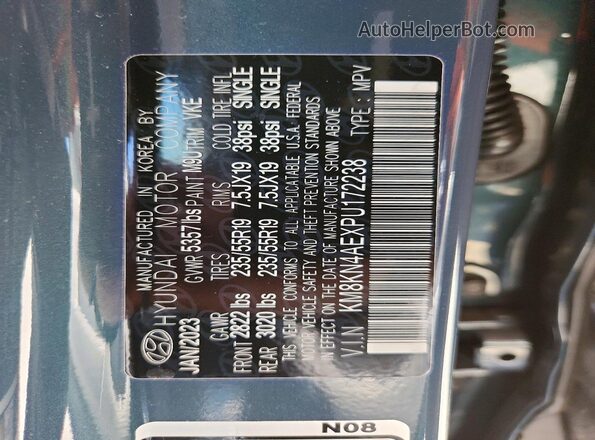 KM8KN4AEXPU172238 2023 HYUNDAI IONIQ Blue Vista de la etiqueta del VIN