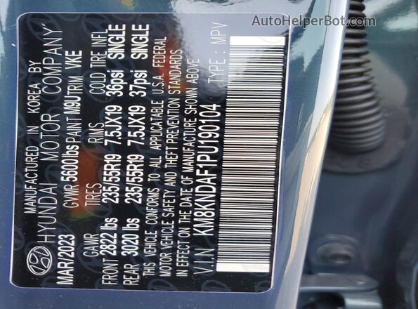 KM8KNDAF1PU190104 2023 HYUNDAI IONIQ Blue VIN sticker view