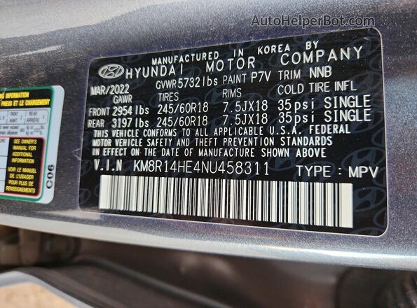 KM8R14HE4NU458311 2022 HYUNDAI PALISADE Gray Սալոնի 360 աստիճան տեսք