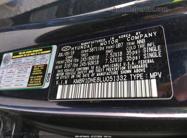 KM8R1DHE8LU051332 2020 HYUNDAI PALISADE Black Engine compartment view