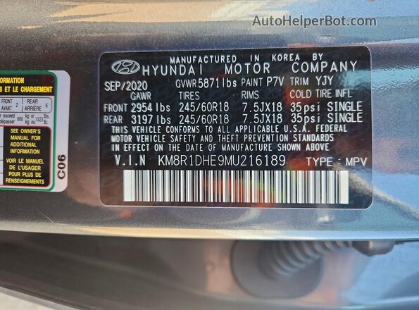 KM8R1DHE9MU216189 2021 HYUNDAI PALISADE Charcoal Вид наклейки з VIN-кодом