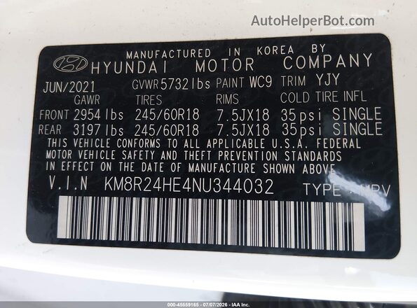 KM8R24HE4NU344032 2022 HYUNDAI PALISADE White Vista del compartimento del motor