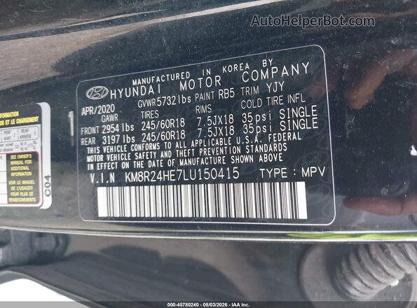 KM8R24HE7LU150415 2020 HYUNDAI PALISADE Black Вид підкапотного простору