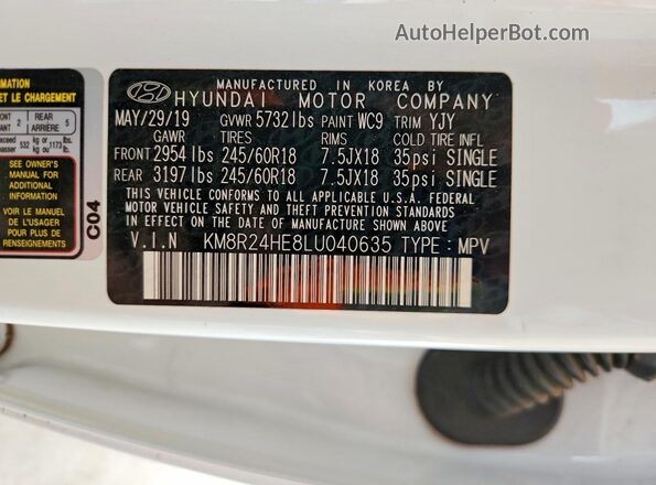 KM8R24HE8LU040635 2020 HYUNDAI PALISADE White Widok naklejki z numerem VIN