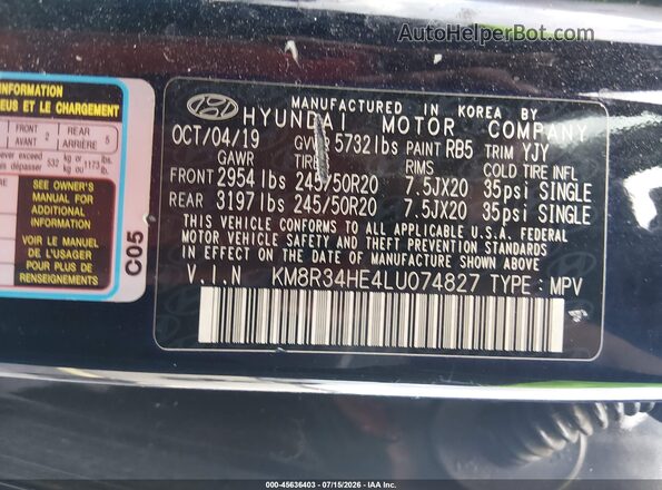 KM8R34HE4LU074827 2020 HYUNDAI PALISADE Black Engine compartment view