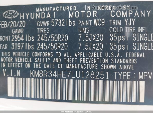 KM8R34HE7LU128251 2020 HYUNDAI PALISADE White Շարժիչի բաժամունքի տեսք