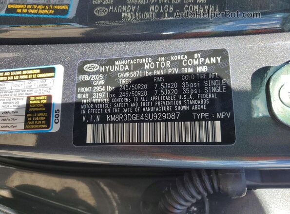 KM8R3DGE4SU929087 2025 HYUNDAI PALISADE Gray Widok naklejki z numerem VIN