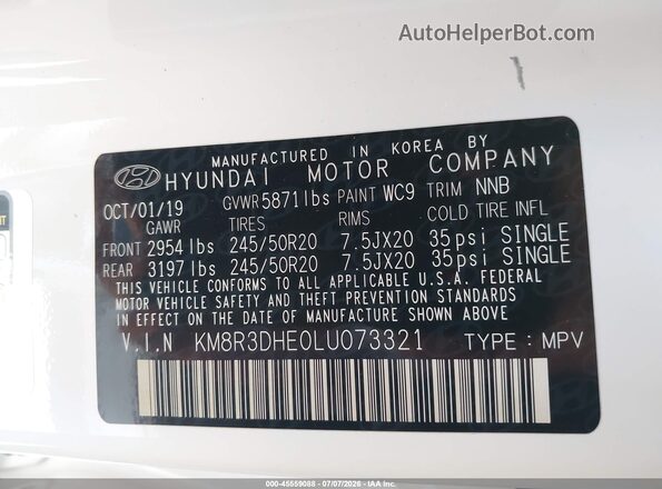 KM8R3DHE0LU073321 2020 HYUNDAI PALISADE Белый Вид подкапотного пространства