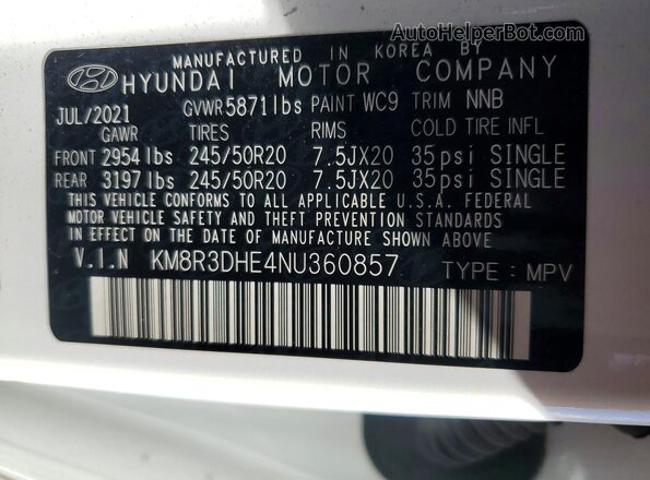 KM8R3DHE4NU360857 2022 HYUNDAI PALISADE Белый Вид наклейки с VIN-кодом