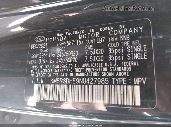 KM8R3DHE9NU427985 2022 HYUNDAI PALISADE Black Widok komory silnika