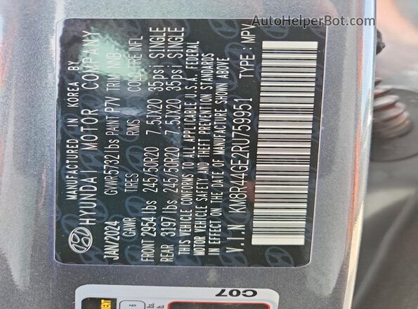 KM8R44GE2RU759951 2024 HYUNDAI PALISADE Gray Vista de la etiqueta del VIN