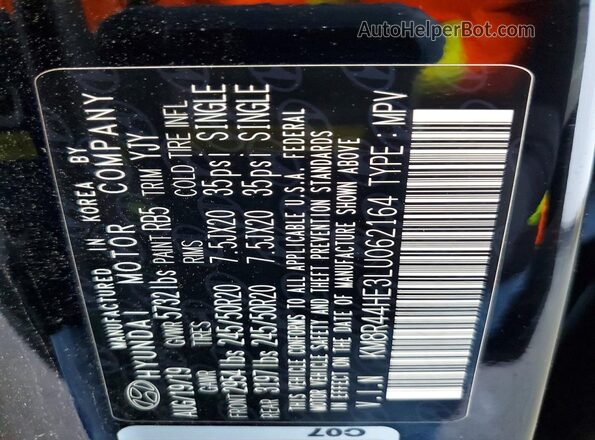 KM8R44HE3LU062164 2020 HYUNDAI PALISADE Black VIN კოდის სტიკერის ხედი