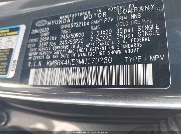 KM8R44HE3MU179230 2021 HYUNDAI PALISADE Gray ძრავის განყოფილების ხედი