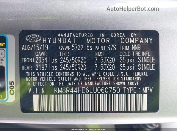 KM8R44HE6LU060750 2020 HYUNDAI PALISADE Silver Widok komory silnika