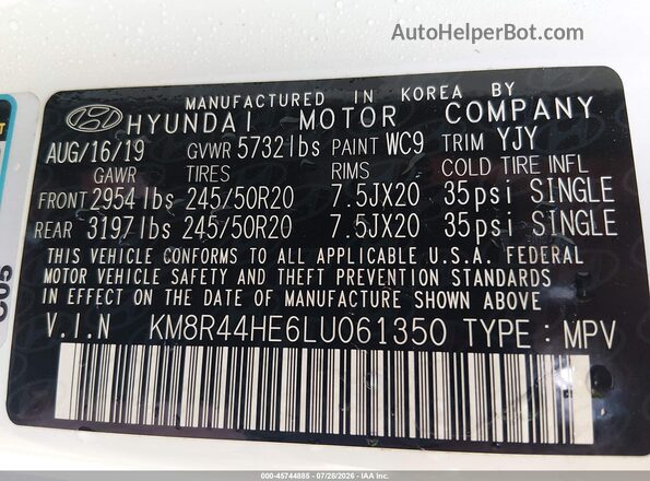 KM8R44HE6LU061350 2020 HYUNDAI PALISADE Белый Вид подкапотного пространства