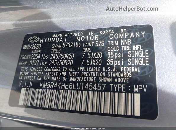 KM8R44HE6LU145457 2020 HYUNDAI PALISADE Silver Вид підкапотного простору