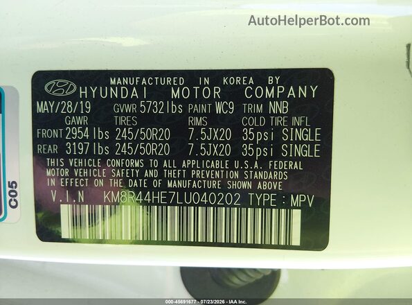 KM8R44HE7LU040202 2020 HYUNDAI PALISADE Белый Вид подкапотного пространства