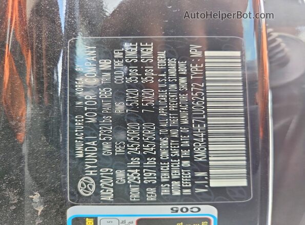 KM8R44HE7LU062572 2020 HYUNDAI PALISADE Black Widok naklejki z numerem VIN