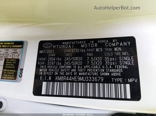 KM8R44HE9MU333679 2021 HYUNDAI PALISADE White Vista del compartimento del motor