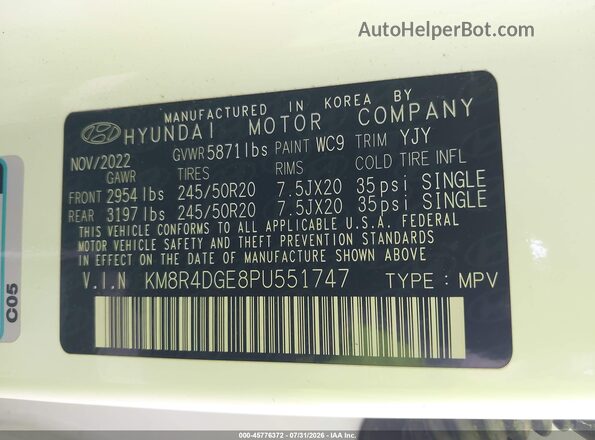 KM8R4DGE8PU551747 2023 HYUNDAI PALISADE White Շարժիչի բաժամունքի տեսք