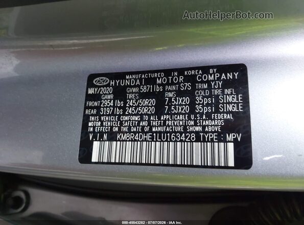KM8R4DHE1LU163428 2020 HYUNDAI PALISADE Gray Widok komory silnika